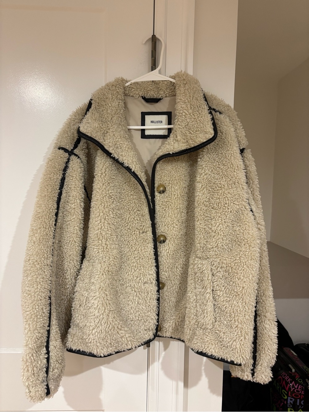 Hollister Cream Sherpa Jacket with Black Trim